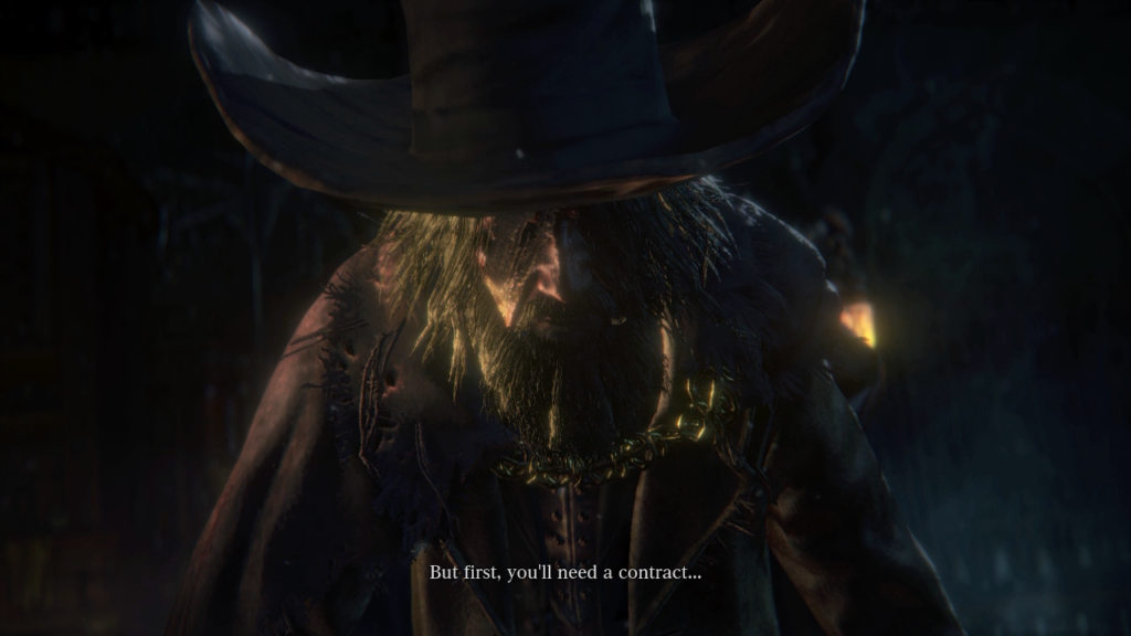 Gerhman offers the player character a contract in Bloodborne's opening cutscene.