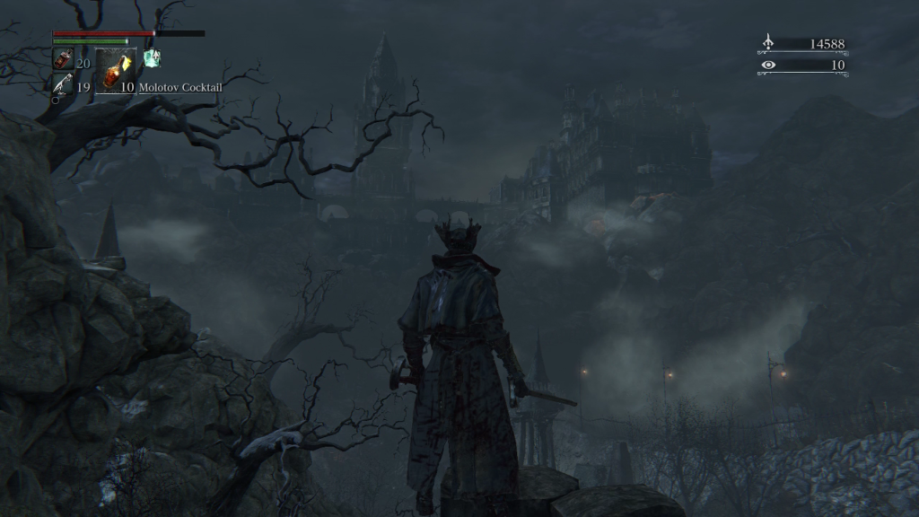 The player character surveys the cursed city of Yharnam.