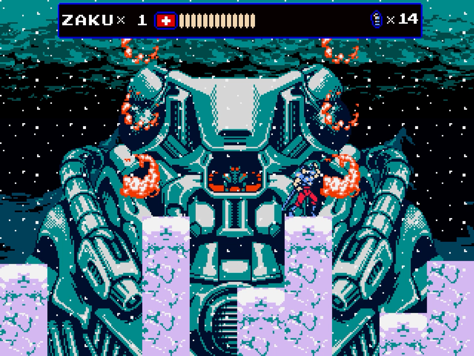 Zaku fights an Oniken mech on a mountain peak.