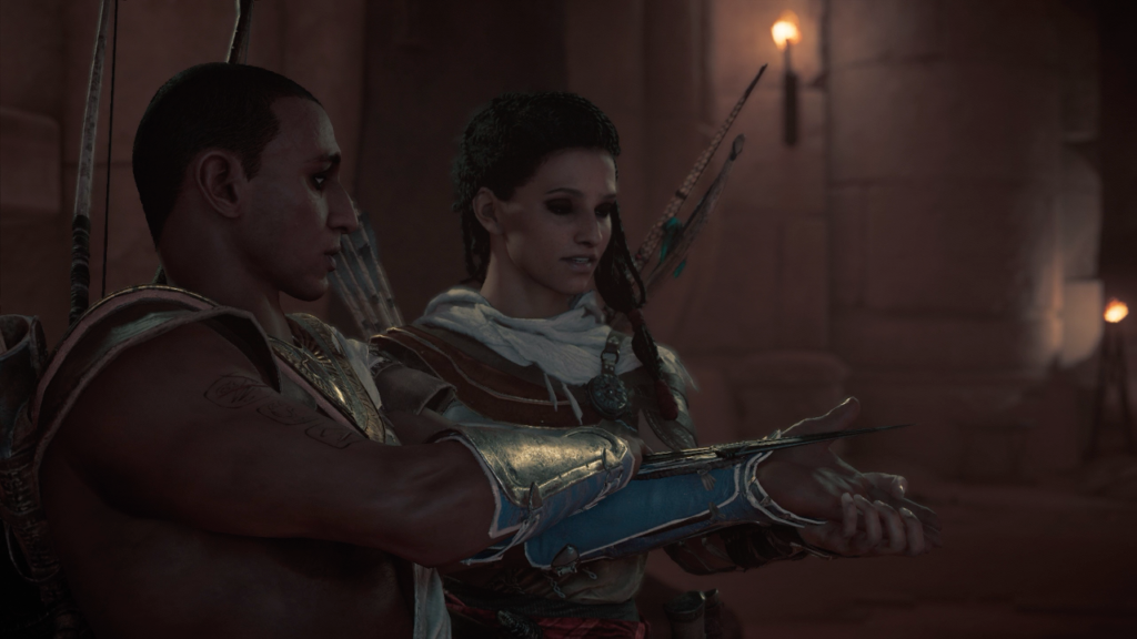 Bayek and Aya learn to use the Hidden Blade.