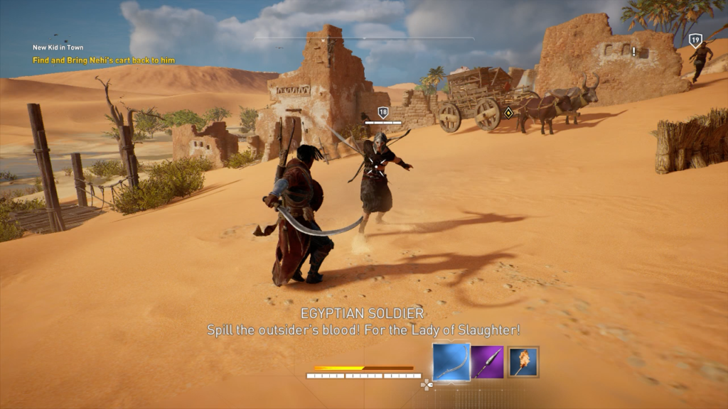 Bayek battles an Egyptian Soldier.